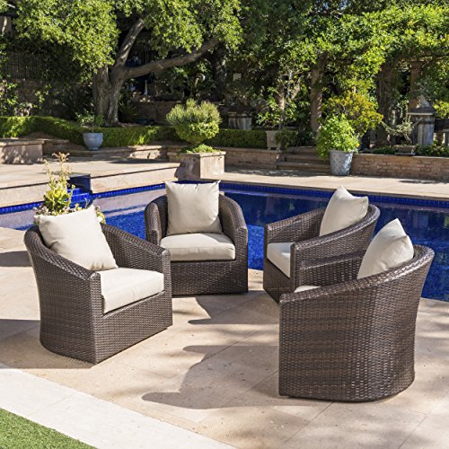 GDFStudio Outdoor Aluminum Framed Swivel Club Chair Set of 4 Mix Khaki