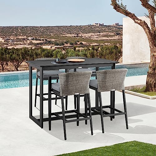 Armen Living Aileen Outdoor Patio 5-Piece Bar Table Set Aluminum with Grey Cushions Black