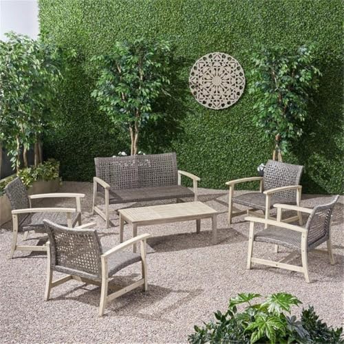 Noble House Hampton 6 Piece Outdoor Wood and Wicker Loveseat Set Black