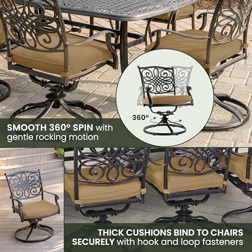 Hanover Traditions 7-Piece Patio Dining Set with 6 Swivel Rocker Chairs and Tan Cushions
