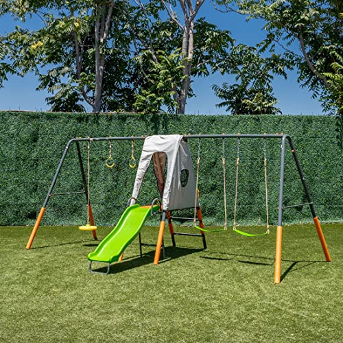 Jungle Warrior Jaguar Metal Swing Set with Slide & Gymnastic Rings Orange/Green/Grey