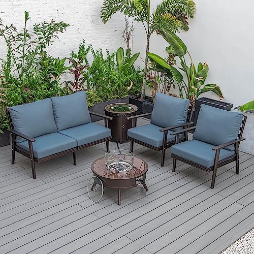 LeisureMod Walbrooke Modern Aluminum 5-Piece Patio Conversation Set with Firepit Table Navy Blue