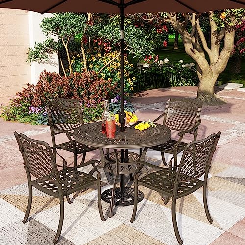PHI VILLA 5 Piece Outdoor Patio Dining Set with Round Table and Chairs Golden Bronze