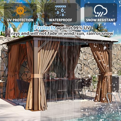 Aoxun 10'x10' Hardtop Gazebo with Netting and Curtains Brown