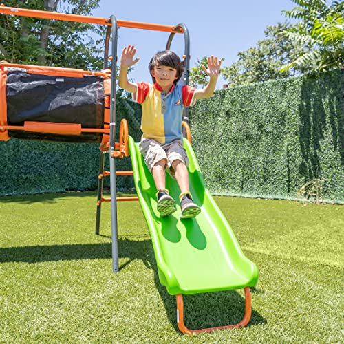 Jungle Warrior Anaconda Metal Swing Set with Saucer & Sling Swings, Rock Wall, 5ft Slide Orange/Green/Grey