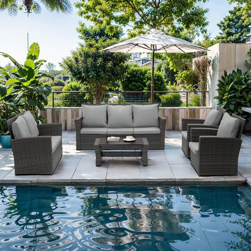 Wisteria Lane 5 Piece Outdoor Patio Furniture Set Gray Rattan Sofa Chair with Cushion