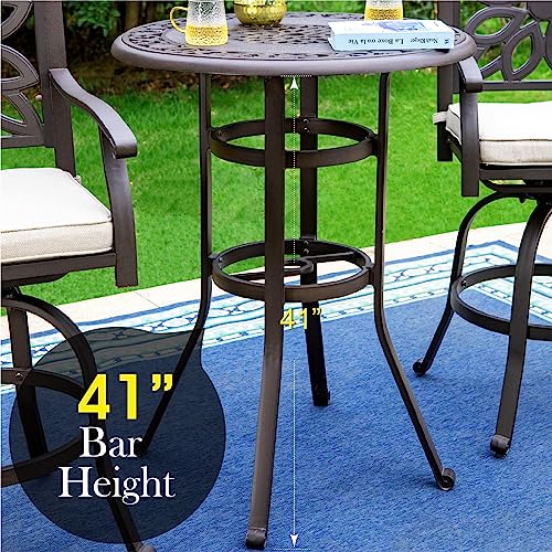 PHI VILLA Patio Furniture Set 3Pcs Cast Aluminum High Top Table & Swivel Bar Stools with Cushion Rero Brown-set