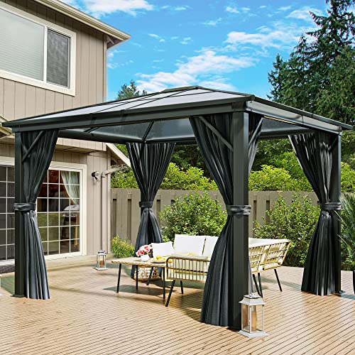 YITAHOME 10x12ft Hardtop Gazebo with Netting and Curtains Aluminum Frame Gray