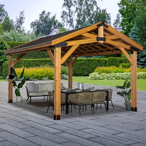 Backyard Discovery Norwood 16 ft. x 12 ft. Cedar Wood Gazebo Pavilion with Steel Roof Light Brown