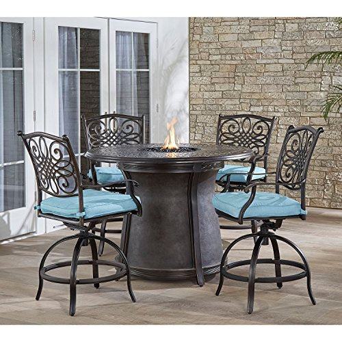 Hanover Traditions 5-Piece Outdoor Dining Set with Fire Pit and 4 Swivel Chairs Blue