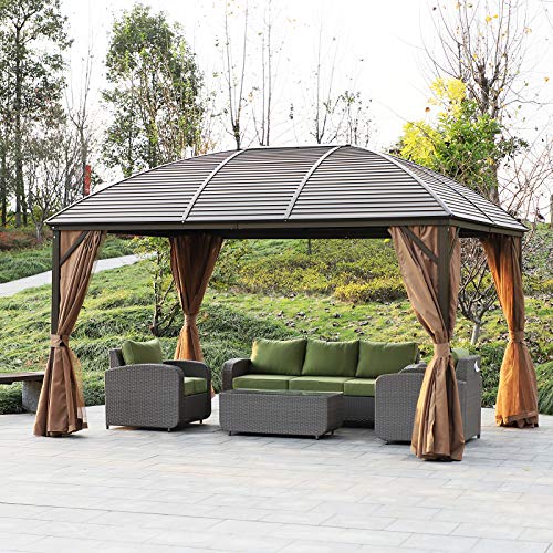 Outsunny 10' x 13' Hardtop Gazebo Canopy with Steel Roof and Netting, Brown
