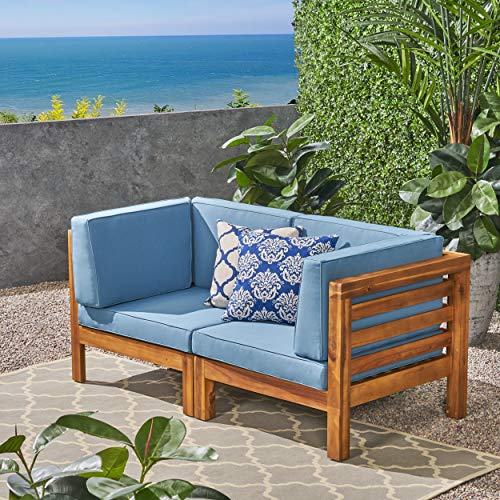 Great Deal Furniture GDFStudio Outdoor Sectional Loveseat Set 2-Seater Acacia Wood Teak Blue