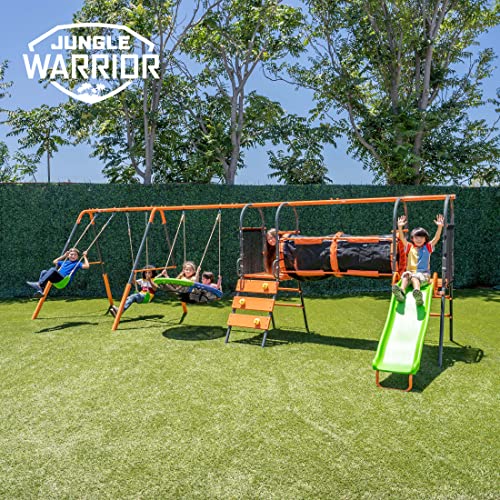 Jungle Warrior Anaconda Metal Swing Set with Saucer & Sling Swings, Rock Wall, 5ft Slide Orange/Green/Grey