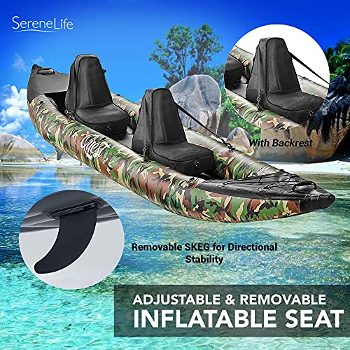 SereneLife 2 Person Inflatable Kayak - Double Kayak with Aluminum Paddles, Repair Kit - Lightweight, Portable Adult Kayaks with High-Output Pump - Durable Vinyl Kayak for Lake, Mild River - Camo