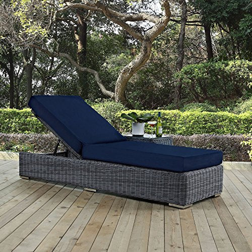Modway Summon Wicker Rattan Aluminum Outdoor Chaise Lounge Chair with Sunbrella Fabric Cushions Navy
