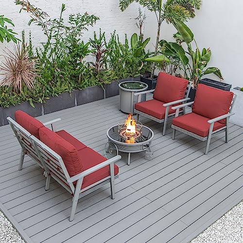 LeisureMod Walbrooke Modern Aluminum 5-Piece Patio Conversation Set with Fire Pit Table Red