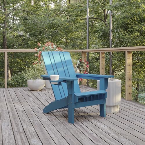 BizChair Adirondack Chairs Set of 4 with Cup Holders, Weather Resistant Poly Resin Blue