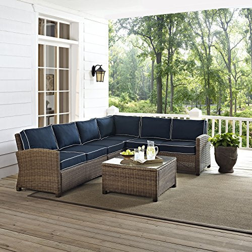 Crosley Furniture Bradenton 5-Piece Outdoor Sectional Sofa Set Brown with Navy Cushions