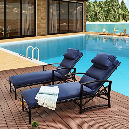 LOKATSE HOME Patio Chaise Lounge Chairs Set of 4 Adjustable with Cushion and Pillow Blue