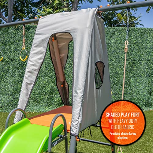 Jungle Warrior Jaguar Metal Swing Set with Slide & Gymnastic Rings Orange/Green/Grey