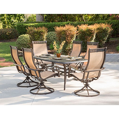 Hanover Manor 7-Piece Outdoor Dining Set with Cast-Top Aluminum Table and 6 Tan PVC Sling Rockers Cast/Sling