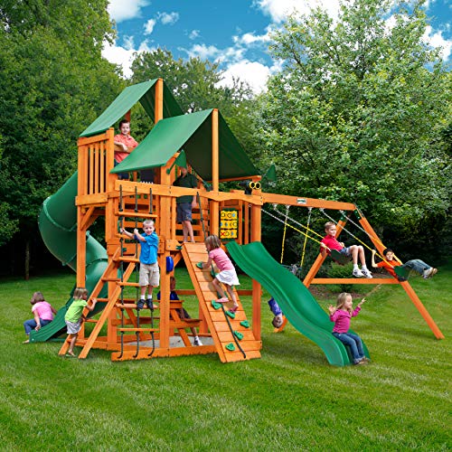 Gorilla Playsets Great Skye I Wood Swing Set with Green Vinyl Canopy, Tube Slide, Rock Wall Amber