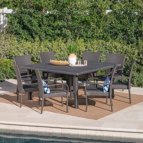 Christopher Knight Home Fiona Outdoor Stacking Wicker Square Dining Set, 9-Pcs Grey