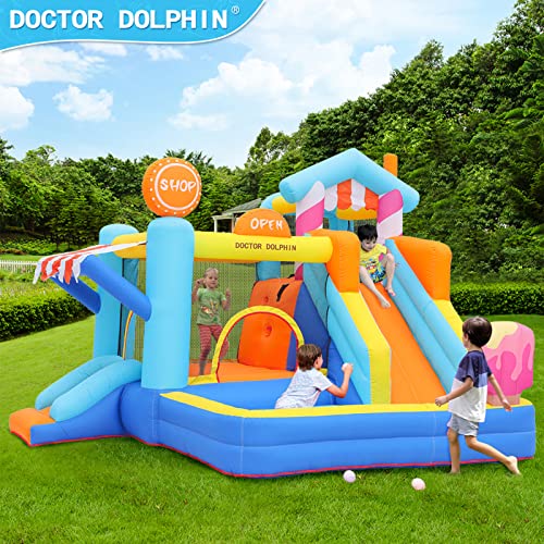 Doctor Dolphin Pink Inflatable Bounce House with Double Slide for Kids 2-12