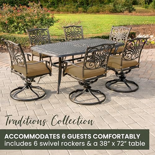 Hanover Traditions 7-Piece Patio Dining Set with 6 Swivel Rocker Chairs and Tan Cushions