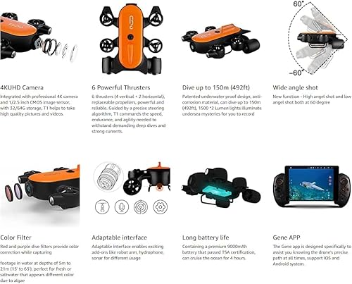 G GENEINNO 150M Tether Titan Underwater Drone ROV AUV with 4K UHD Camera T1 Pro 150m