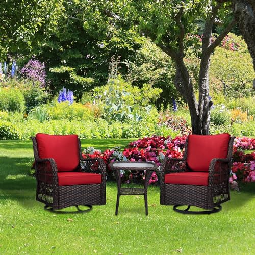 IDEALHOUSE 2024 Patio Furniture Bistro Set 3-Piece Swivel Rocking Wicker Chairs Red