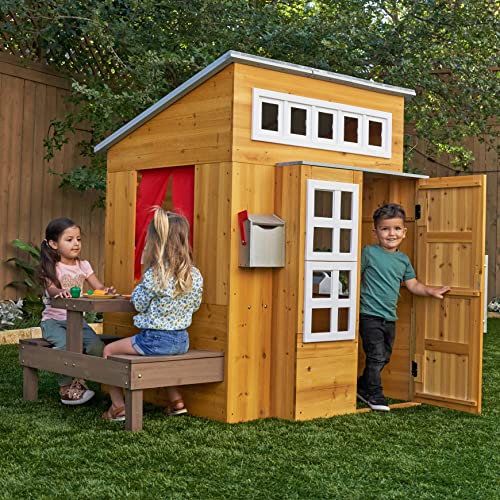 KidKraft Modern Outdoor Wooden Playhouse with Picnic Table, Mailbox, Grill Natural