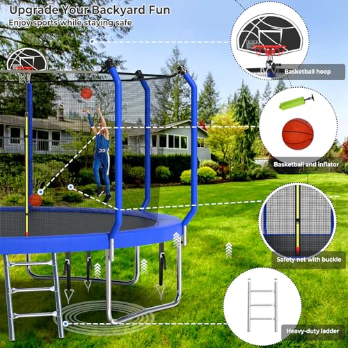 Lyromix 14FT Outdoor Trampoline with Basketball Hoop & Net Navy Blue