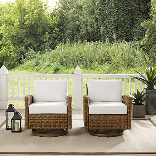 Crosley Furniture Bradenton 2-Piece Wicker Swivel Rocker Chair Set Brown with Sunbrella White Cushions