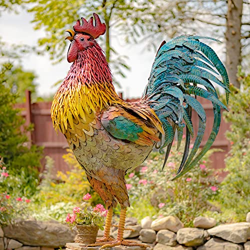 Zaer Ltd. 5.5 ft. Tall Painted Iron Rooster Garden Statue "Robert