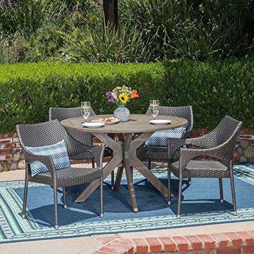 Christopher Knight Home Lina Outdoor 5 Piece Wood and Wicker Dining Set Gray