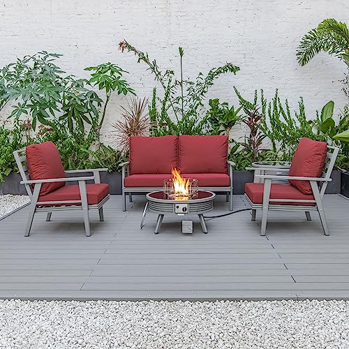 LeisureMod Walbrooke Modern Aluminum 5-Piece Patio Conversation Set with Fire Pit Table Red