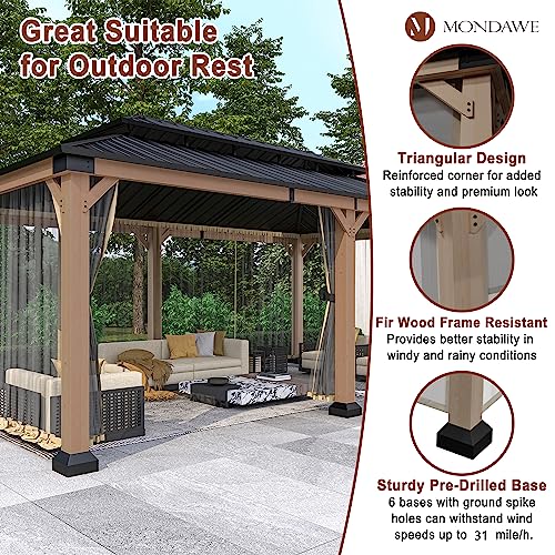 MONDAWE Cedar Wood Gazebo 12x20Ft Hardtop Pavilion with Netting