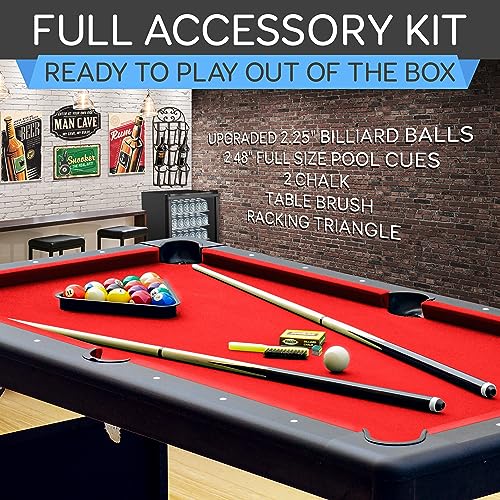 SereneLife 6-Ft Folding Pool Table - Portable Billiard Table - Includes 2X Cue Sticks, Full Set of Balls, Chalk, Brush - Foldable Pool Table for Kids and Adults (Red)