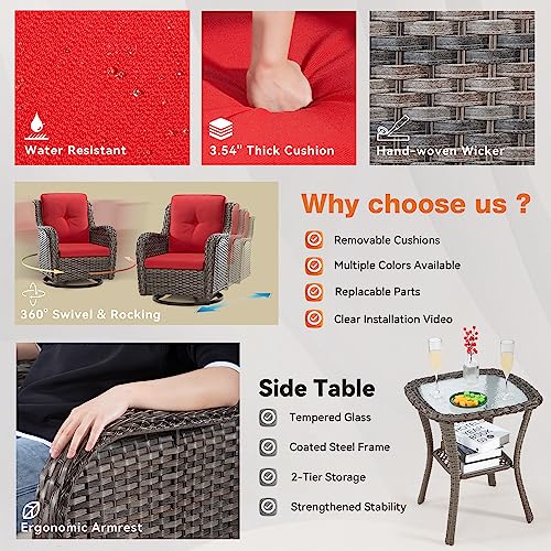 MeetLeisure 8-Piece Wicker Patio Furniture Set with Sofa, Swivel Rocking Chairs, Ottomans, and Side Table Red