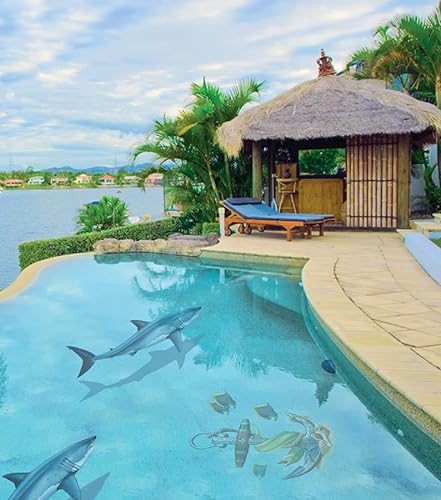 Custom Mosaics, Inc. Great White Shark Porcelain Swimming Pool Mosaic Blue