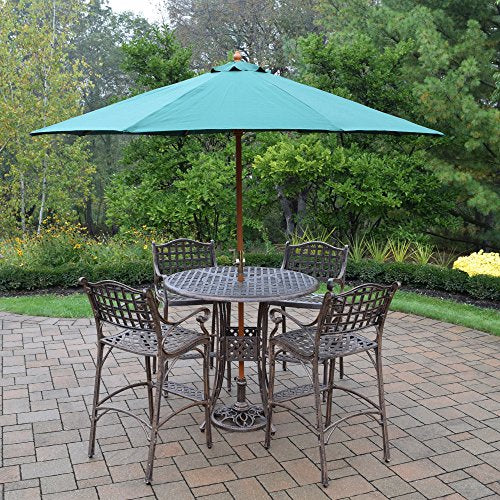 Oakland Living Elite Bar Set with Table, 4 Bar Stools, Wooden Umbrella, Metal Stand Antique Bronze