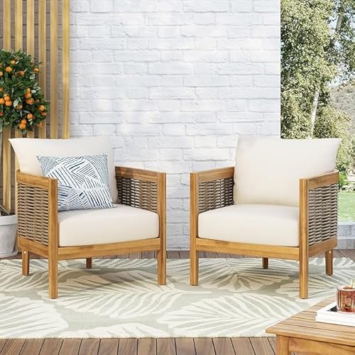 Merax Acacia Wood Wicker Club Chairs Set with Side Table Beige