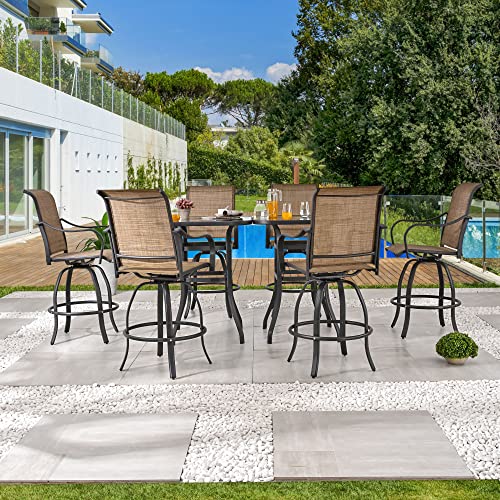 Festival Depot 8pcs Patio Dining Set Bar Height Stools Swivel Bistro Chairs Tempered Glass Top Table Metal Outdoor Furniture Brown
