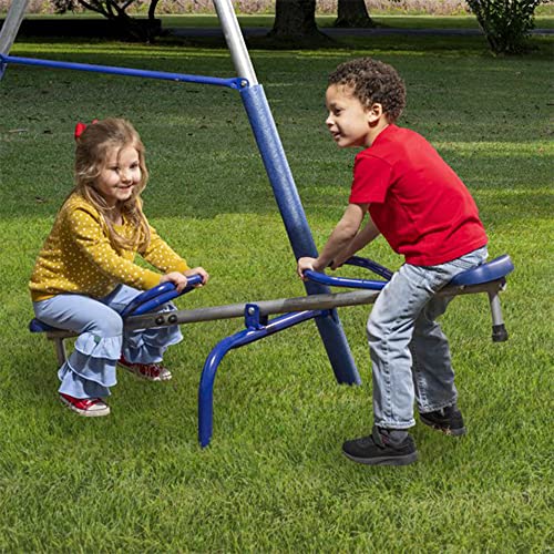 XDP RECREATION Metal A-Frame Kids Swing Set 10-Child Capacity with Slide & 5 Swing Types Silver/Blue