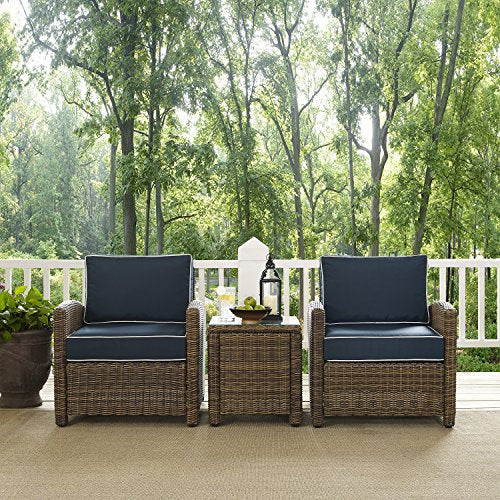 Crosley Furniture Bradenton 3-Piece Outdoor Chair and Side Table Set Brown with Navy Cushions