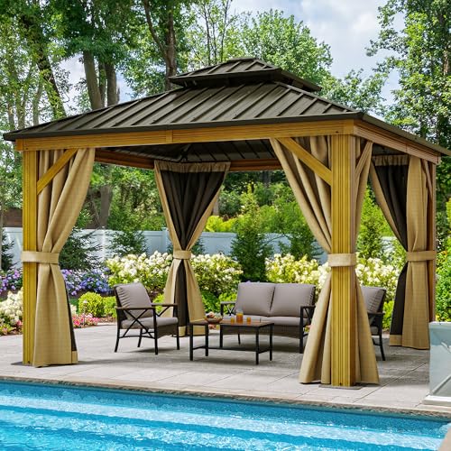 YITAHOME 10x10ft Hardtop Gazebo with Netting and Curtains, Brown