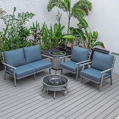 LeisureMod Walbrooke Modern Aluminum 5-Piece Patio Conversation Set with Firepit Navy Blue