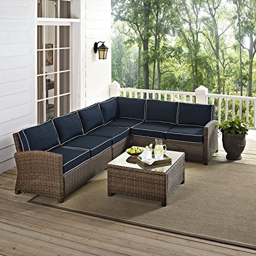 Crosley Furniture Bradenton 5-Piece Outdoor Sectional Sofa Set Brown with Navy Cushions