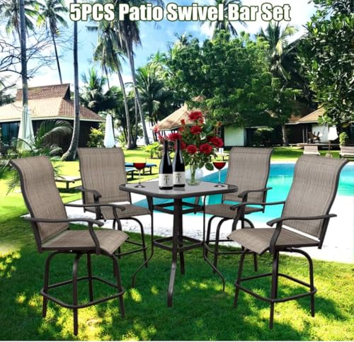 Generic 5 Piece Outdoor Bar Stools Set - 4 Swivel Patio Chairs & 1 Bistro Table with Umbrella Hole Upgraded Brown